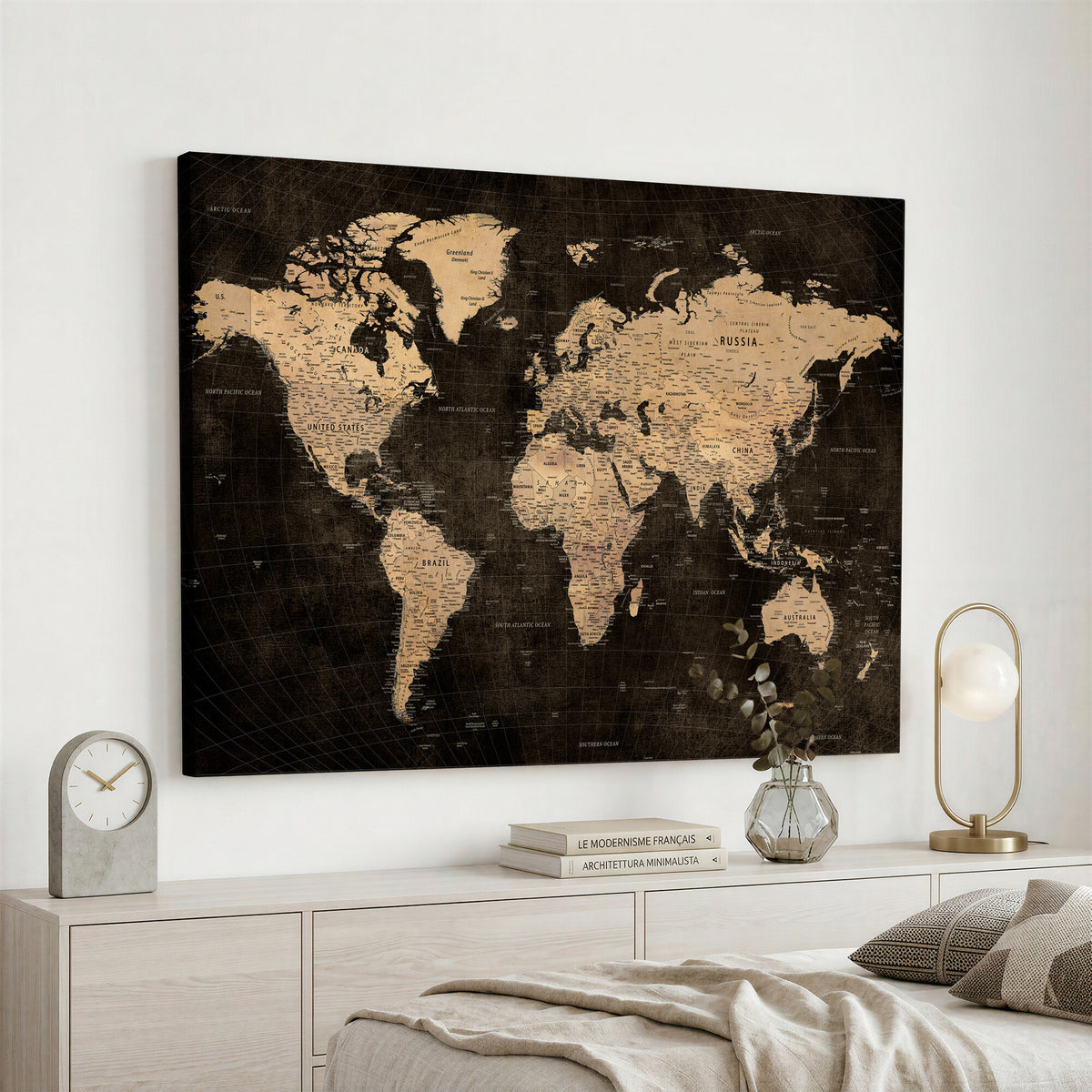 15118265-MGV-CV-36X24 - Brown World Map Canvas Print | Modern Travel Map Wall Art