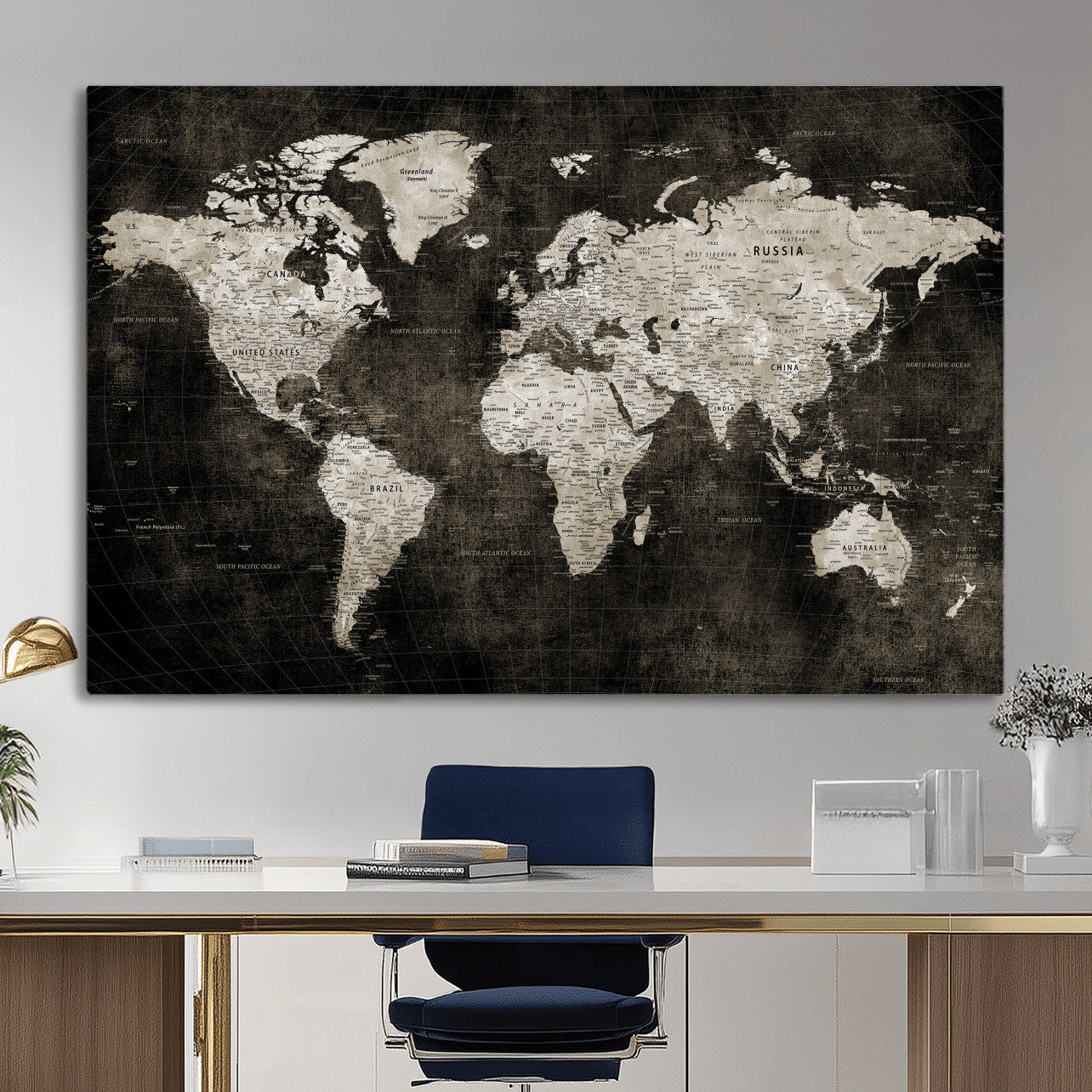 94581666-MGV-CV-36X24 - World Map Wall Art Canvas Print, Modern Decorative Framed Map Artwork Prints for Living Room, Office, Bedroom Wall Decor