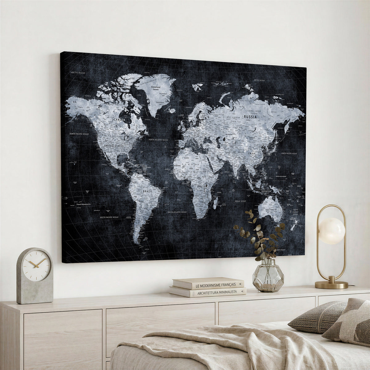 86893704-MGV-CV-36X24 - Black World Map Canvas Print | Detailed Map for Couples and Anniversary Gift