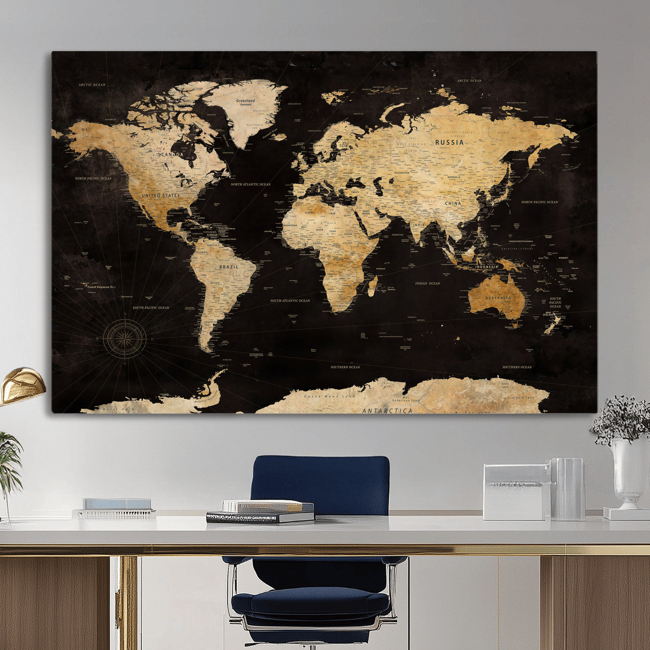 70468159-MGV-CV-36X24 - World Map Wall Art Canvas Print, Modern Decorative Framed Map Artwork Prints for Living Room, Office, Bedroom Wall Decor