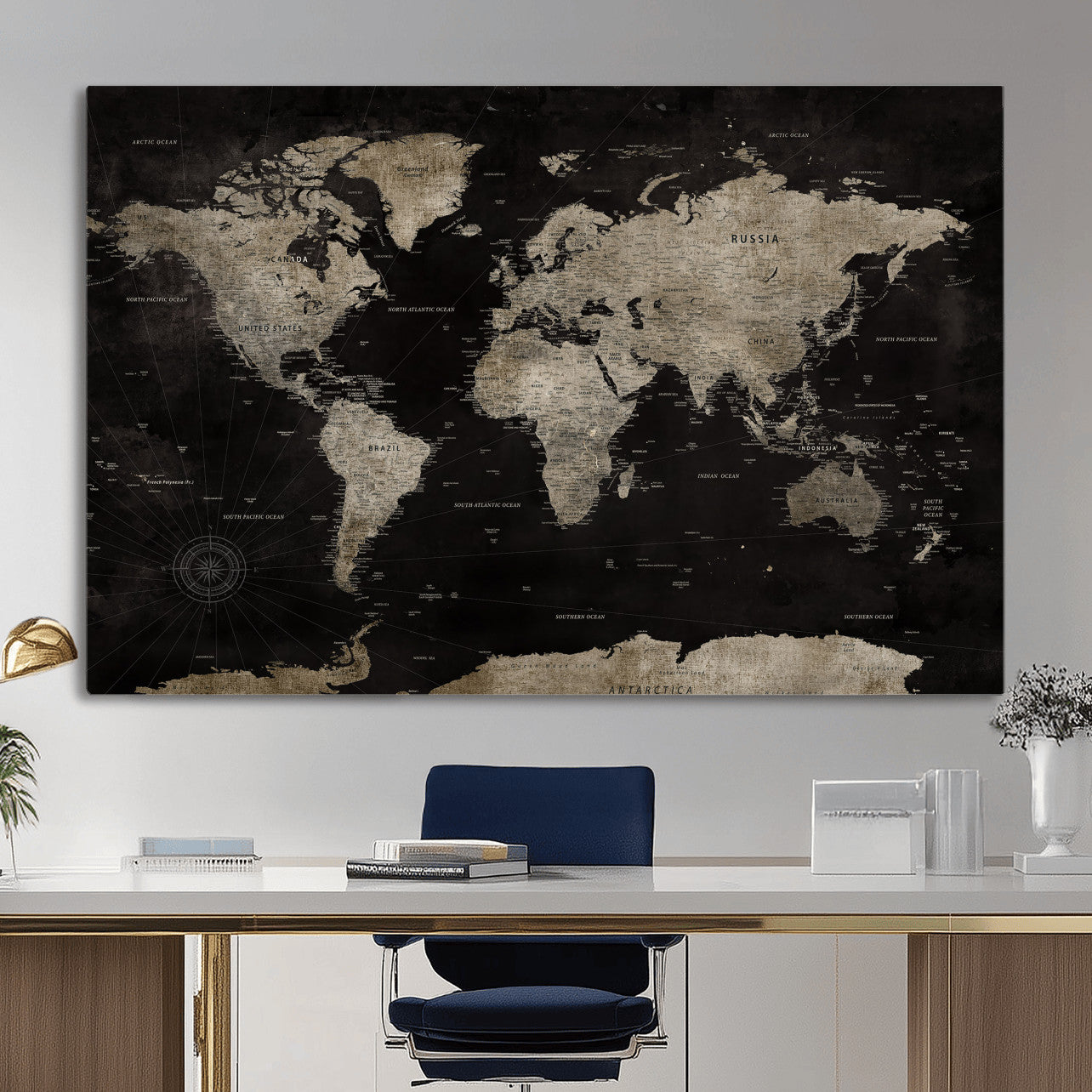 56225956-MGV-CV-36X24 - World Map Wall Art Canvas Print, Modern Decorative Framed Map Artwork Prints for Living Room, Office, Bedroom Wall Decor