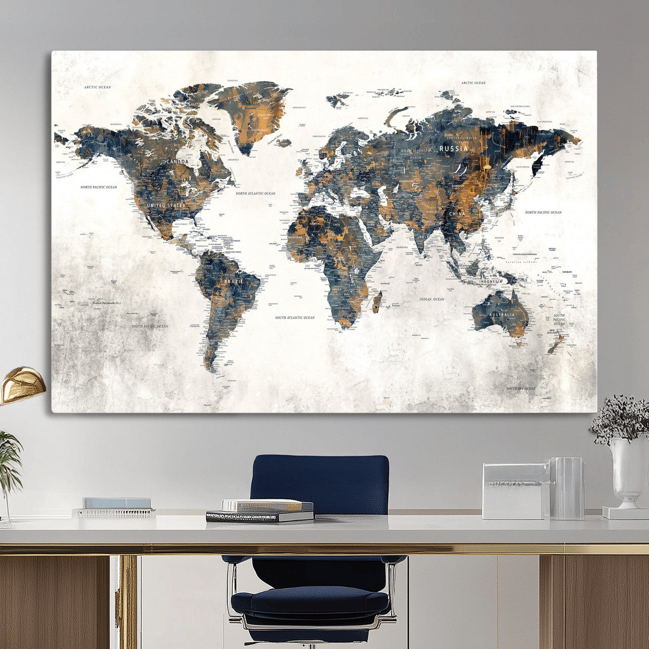 52451147-MGV-CV-36X24 - World Map Wall Art Canvas Print, Modern Decorative Framed Map Artwork Prints for Living Room, Office, Bedroom Wall Decor