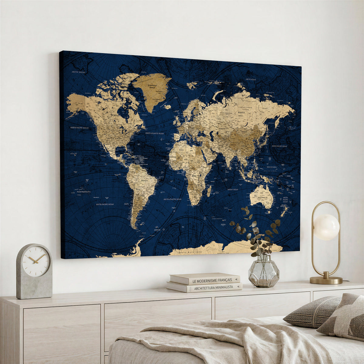 54770746-MGV-CV-36X24 - Navy Blue World Map Canvas Print – Detailed Map Minimal Navy