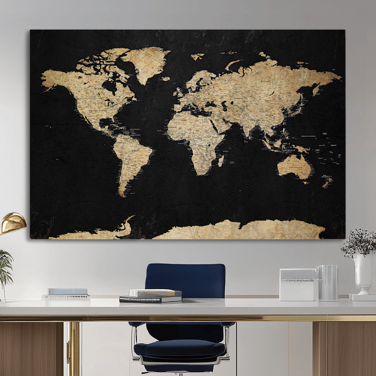71518849-MGV-CV-36X24 - World Map Wall Art Canvas Print, Modern Decorative Framed Map Artwork Prints for Living Room, Office, Bedroom Wall Decor