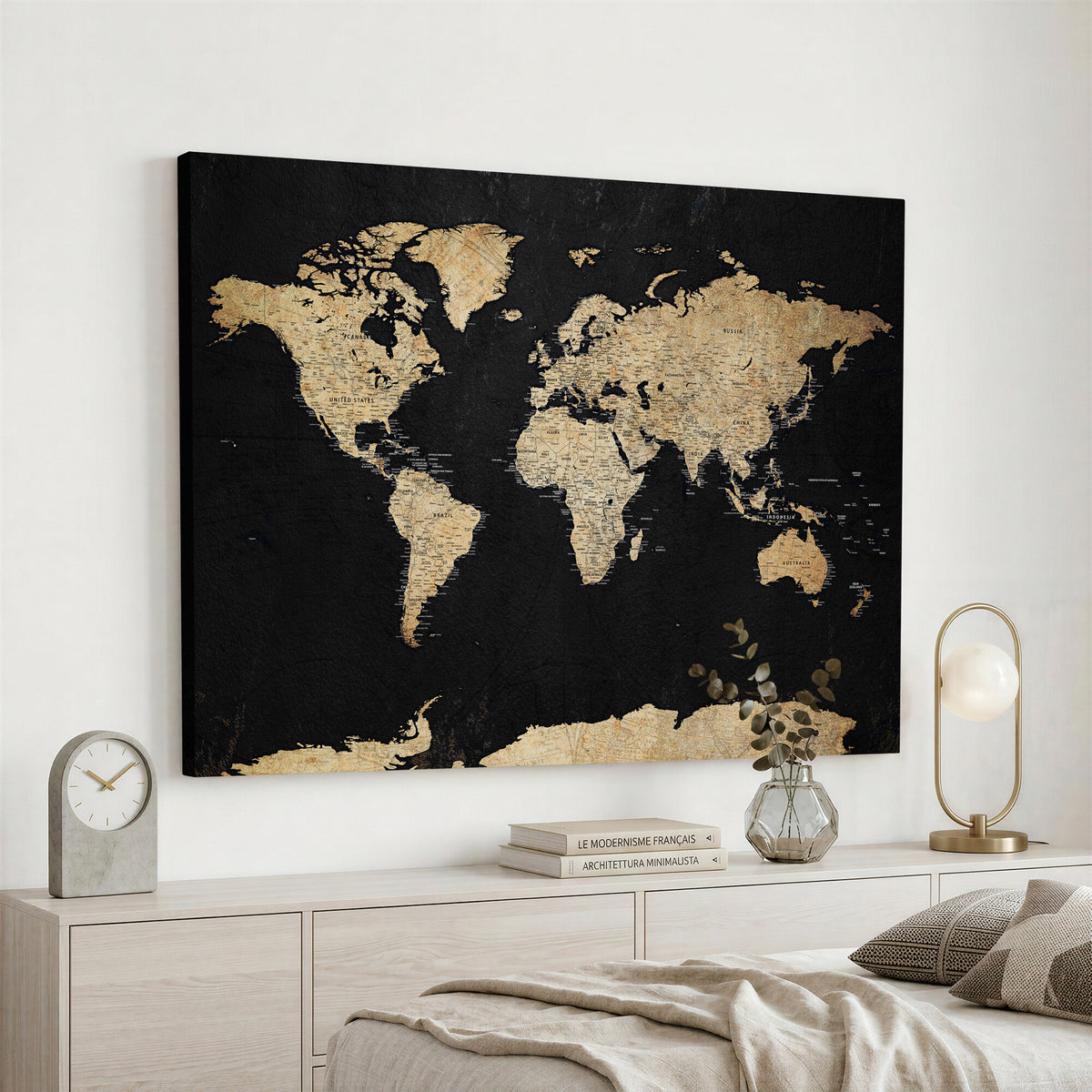 71518849-MGV-CV-36X24 - Beige World Map Canvas Wall Art Print, Minimal Black and