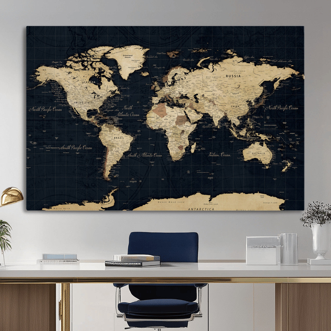 45063434-MGV-CV-36X24 - World Map Wall Art Canvas Print, Modern Decorative Framed Map Artwork Prints for Living Room, Office, Bedroom Wall Decor
