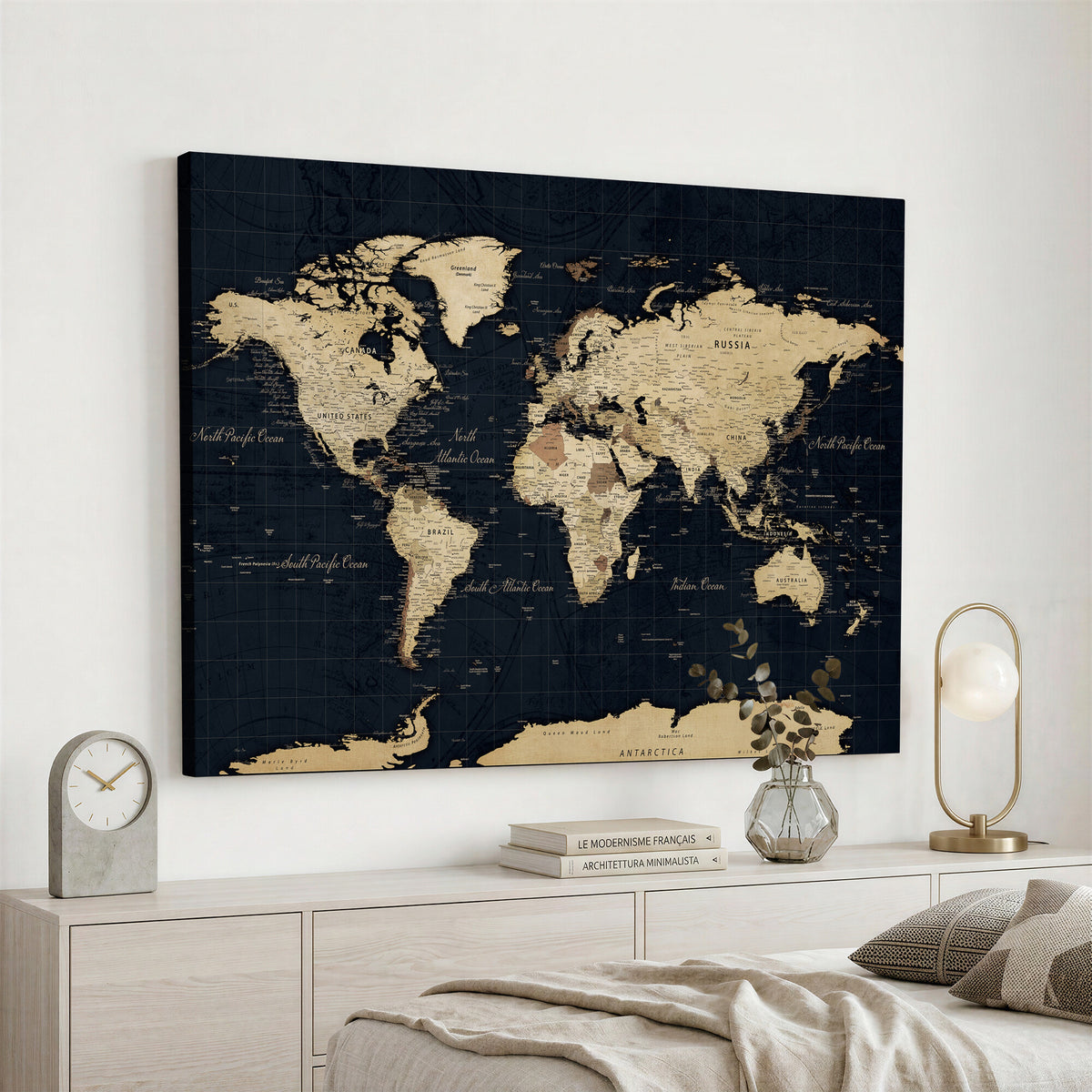 45063434-MGV-CV-36X24 - Dark World Map Canvas Wall Art Print, Minimal Black and Gold Map