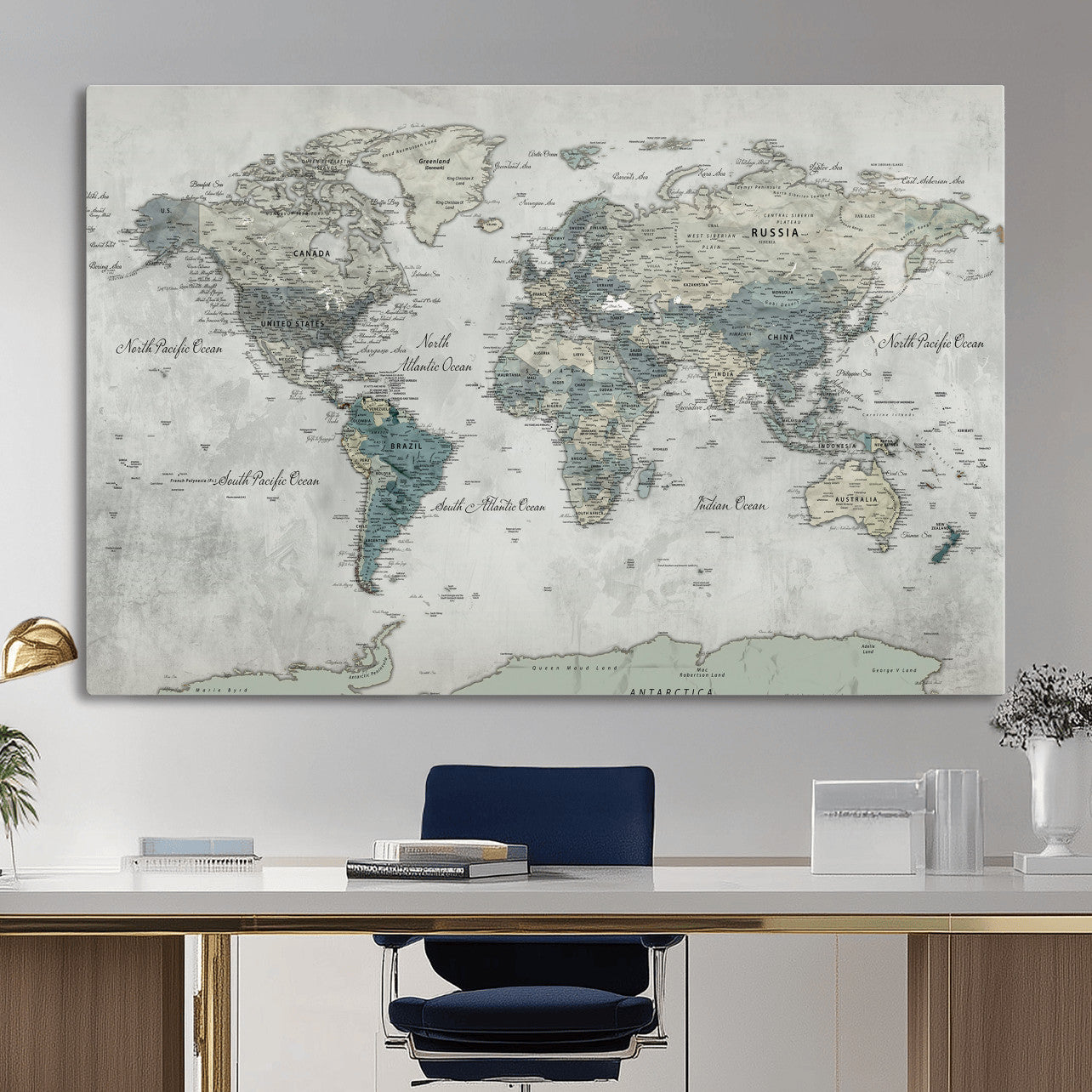 91132939-MGV-CV-36X24 - World Map Wall Art Canvas Print, Modern Decorative Framed Map Artwork Prints for Living Room, Office, Bedroom Wall Decor