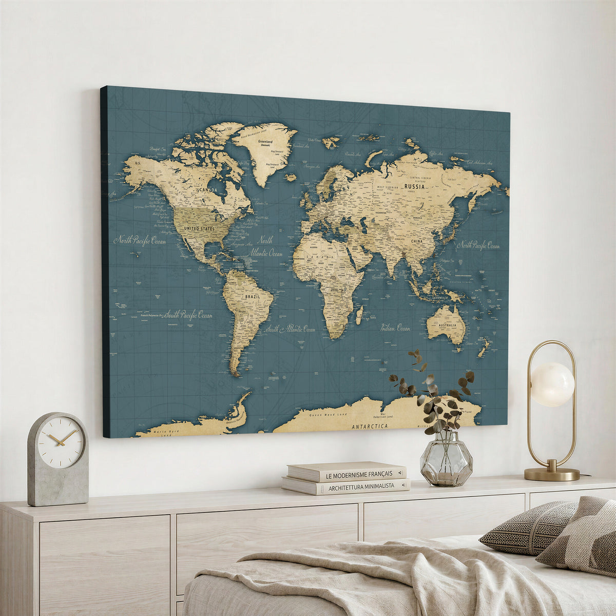 99599383-MGV-CV-36X24 - Minimal Vintage World Map Canvas Wall Art Print, Neutral