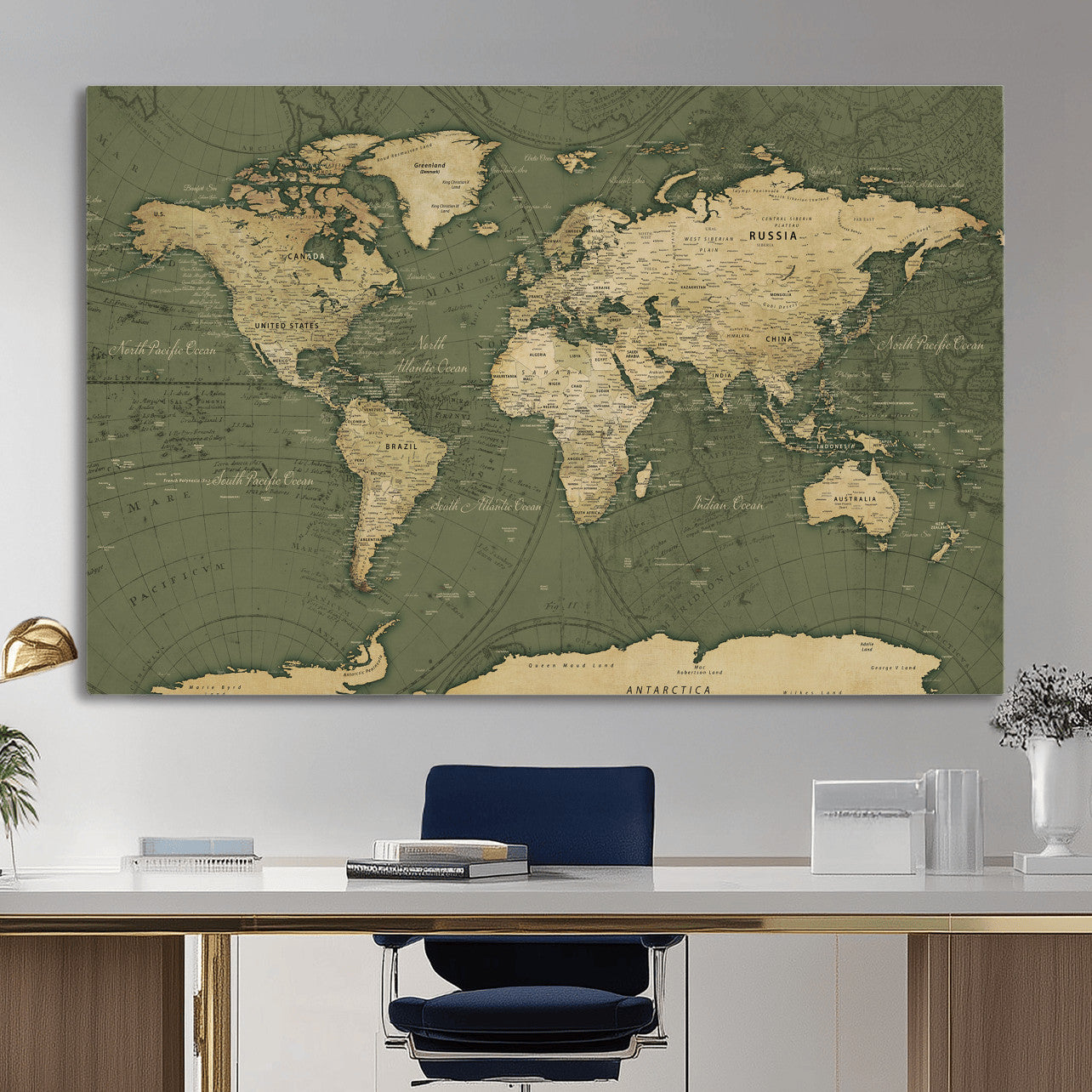 75846040-MGV-CV-36X24 - World Map Wall Art Canvas Print, Modern Decorative Framed Map Artwork Prints for Living Room, Office, Bedroom Wall Decor