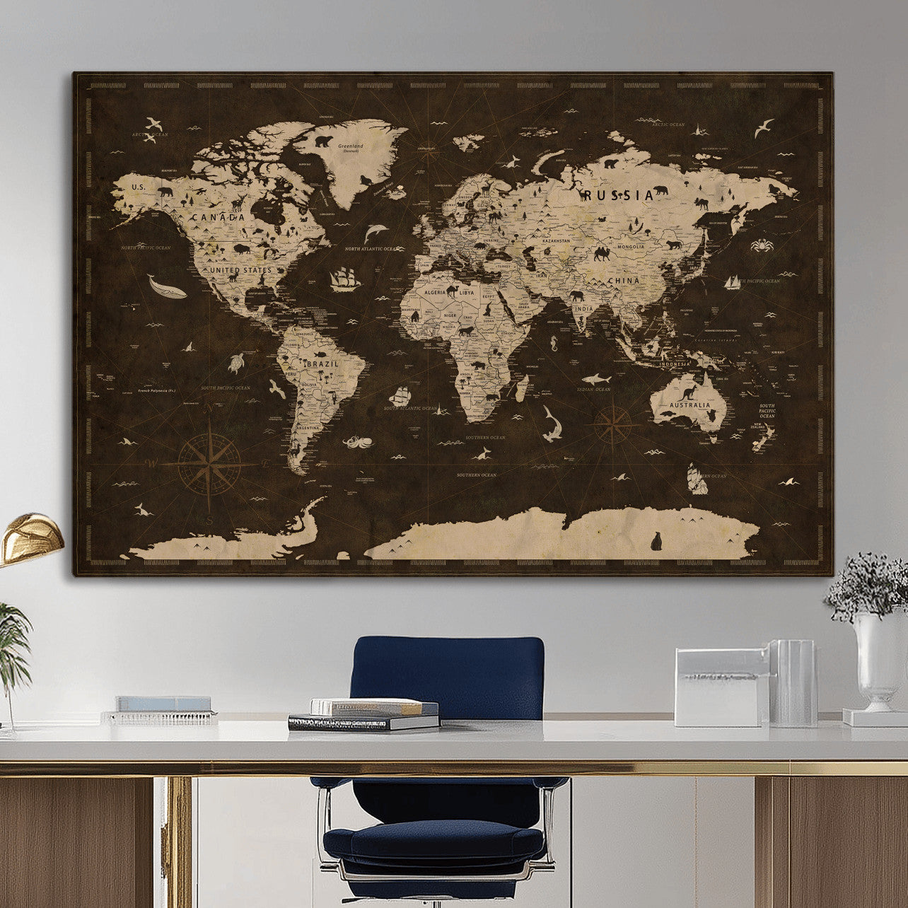 44276398-MGV-CV-36X24 - World Map Wall Art Canvas Print, Modern Decorative Framed Map Artwork Prints for Living Room, Office, Bedroom Wall Decor