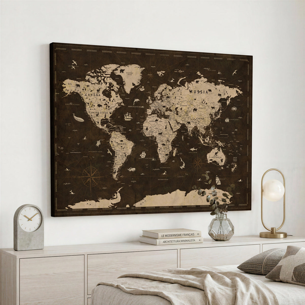 44276398-MGV-CV-36X24 - World Map Wall Art Canvas Print, Modern Decorative Framed Map Artwork Prints for Living Room, Office, Bedroom Wall Decor