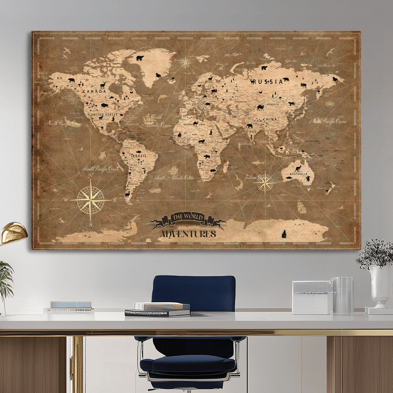20759686-MGV-CV-36X24 - World Map Wall Art Canvas Print, Modern Decorative Framed Map Artwork Prints for Living Room, Office, Bedroom Wall Decor