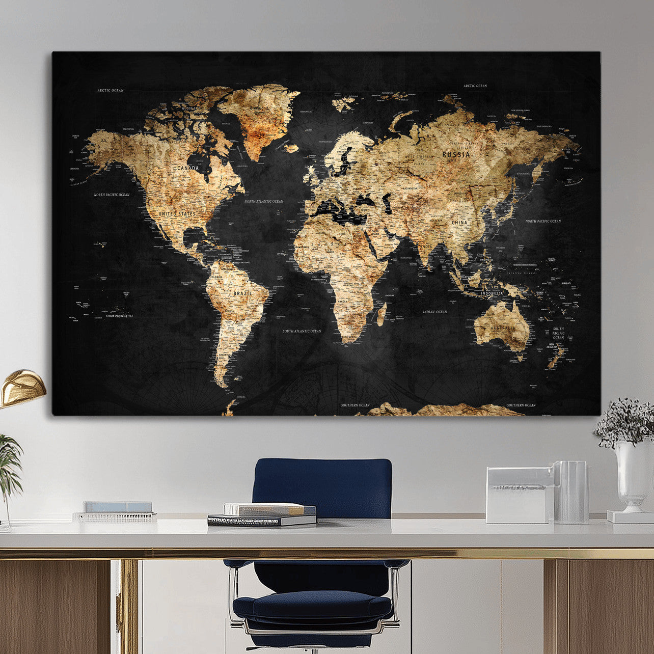 23568589-MGV-CV-36X24 - World Map Wall Art Canvas Print, Modern Decorative Framed Map Artwork Prints for Living Room, Office, Bedroom Wall Decor