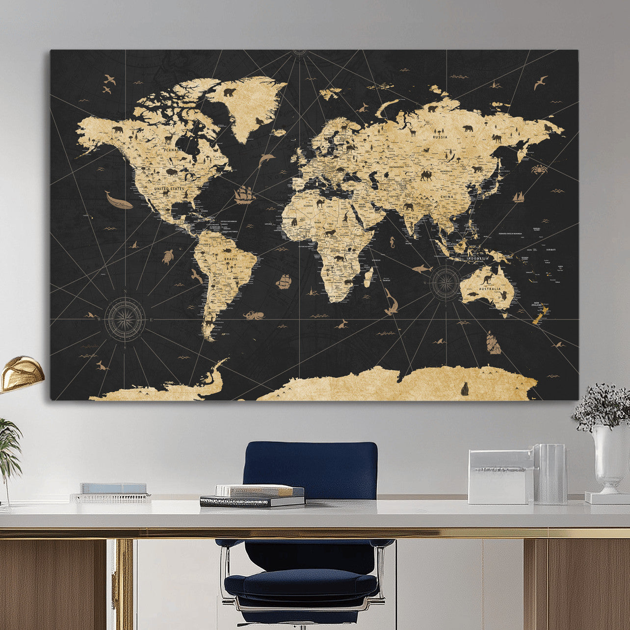 80270976-MGV-CV-36X24 - World Map Wall Art Canvas Print, Modern Decorative Framed Map Artwork Prints for Living Room, Office, Bedroom Wall Decor