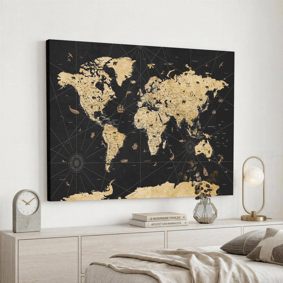 80270976-MGV-CV-36X24 - World Map Wall Art Canvas Print, Modern Decorative Framed Map Artwork Prints for Living Room, Office, Bedroom Wall Decor