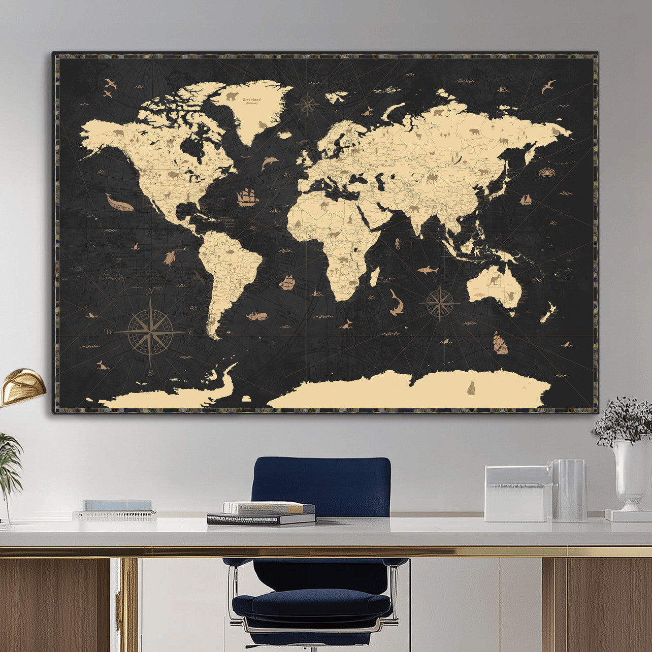 75220264-MGV-CV-36X24 - World Map Wall Art Canvas Print, Modern Decorative Framed Map Artwork Prints for Living Room, Office, Bedroom Wall Decor