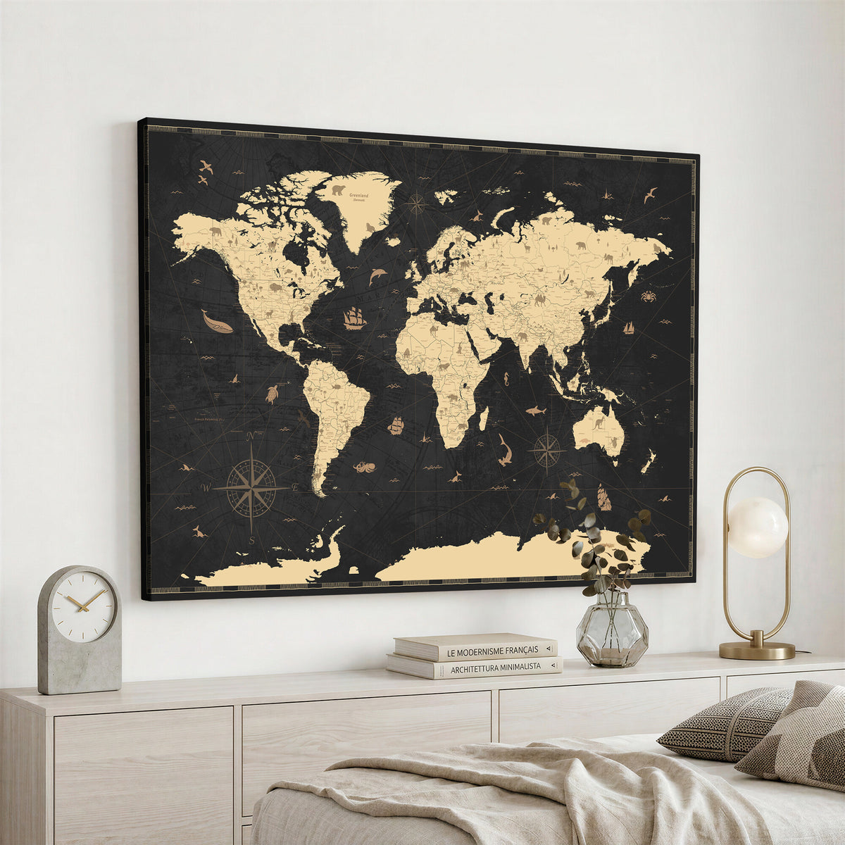 75220264-MGV-CV-36X24 - World Map Wall Art Canvas Print, Modern Decorative Framed Map Artwork Prints for Living Room, Office, Bedroom Wall Decor