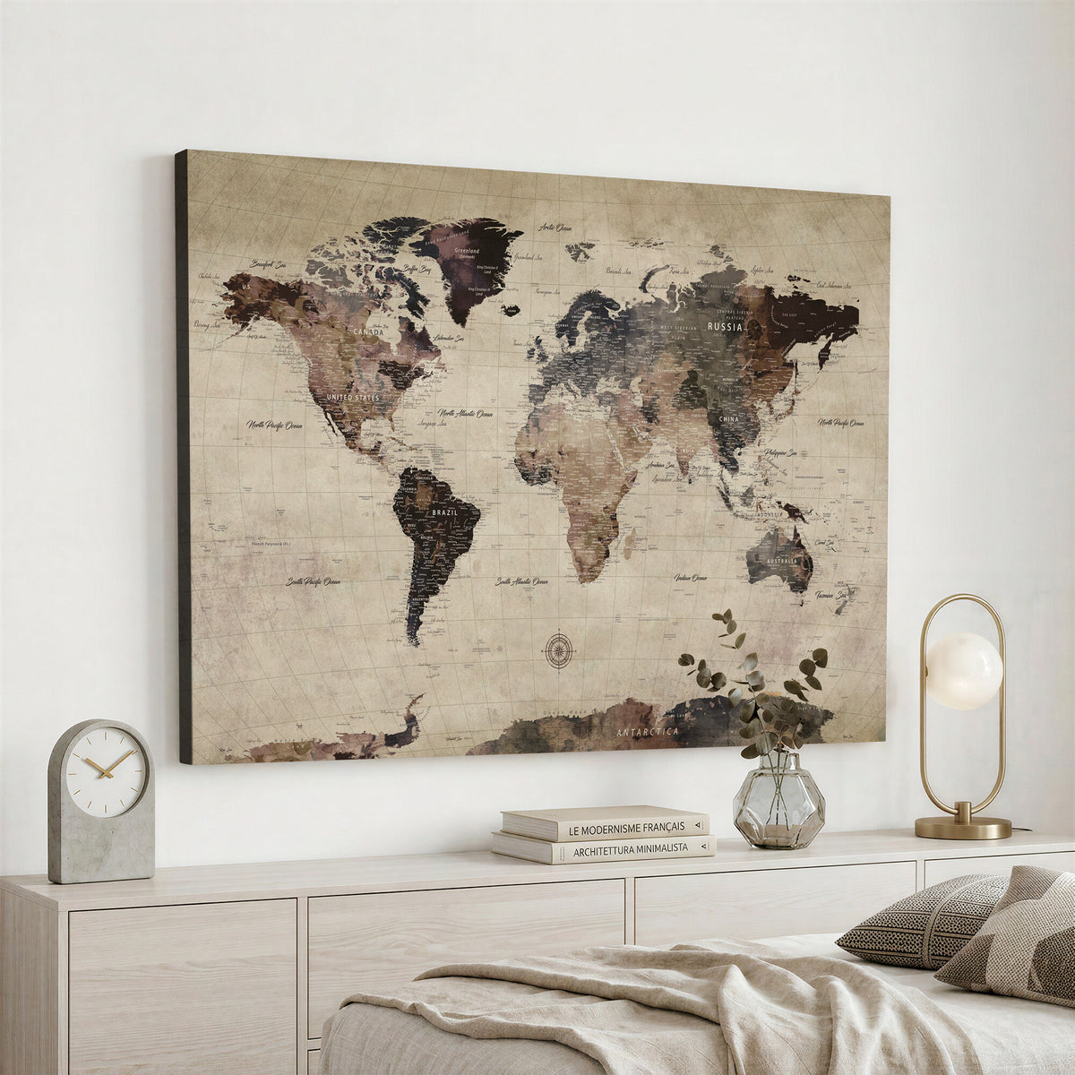 60560672-MGV-CV-36X24 - World Map Wall Art Canvas Print, Modern Decorative Framed Map Artwork Prints for Living Room, Office, Bedroom Wall Decor
