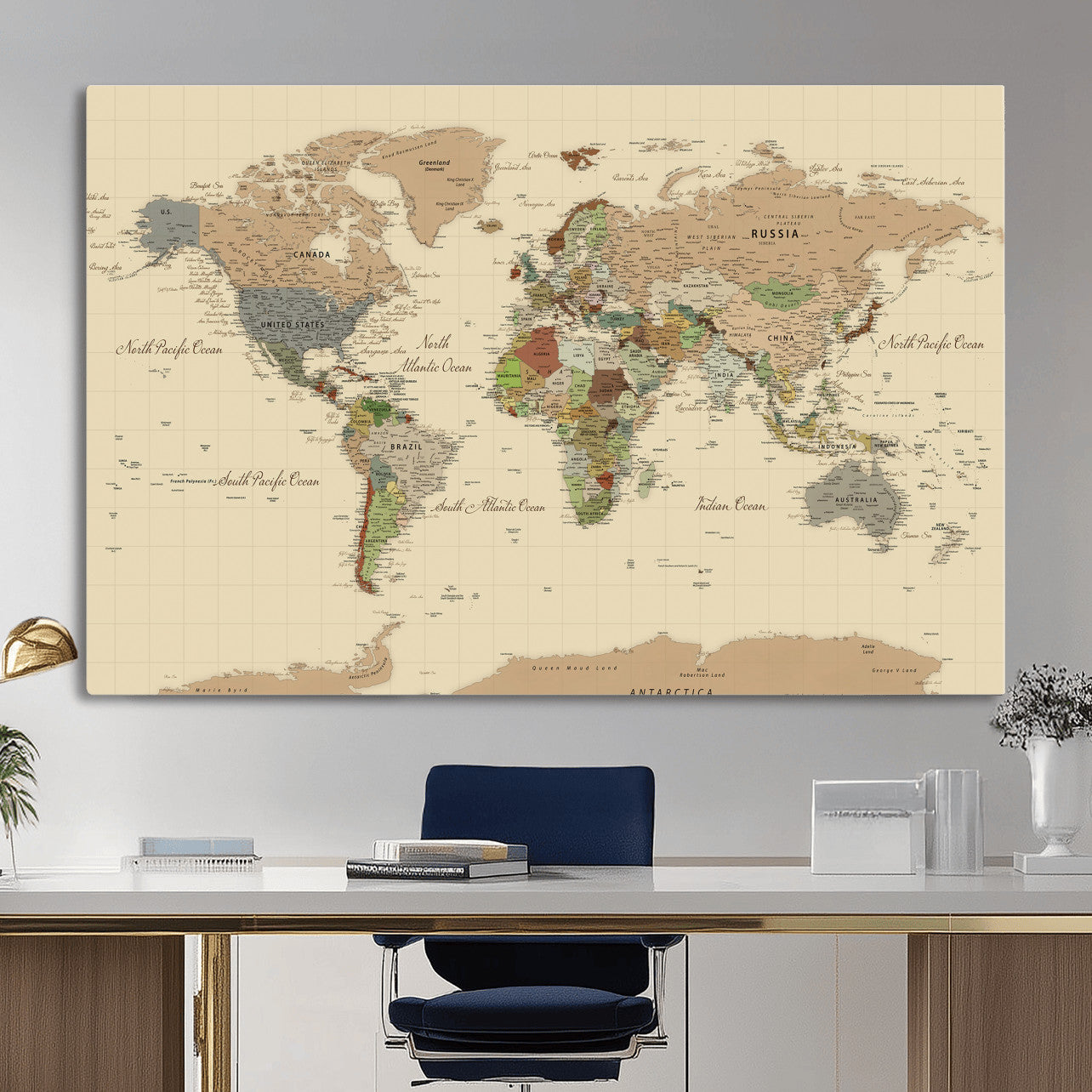 31407854-MGV-CV-36X24 - World Map Wall Art Canvas Print, Modern Decorative Framed Map Artwork Prints for Living Room, Office, Bedroom Wall Decor