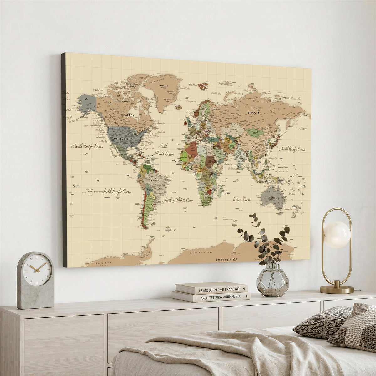 31407854-MGV-CV-36X24 - World Map Wall Art Canvas Print, Modern Decorative Framed Map Artwork Prints for Living Room, Office, Bedroom Wall Decor