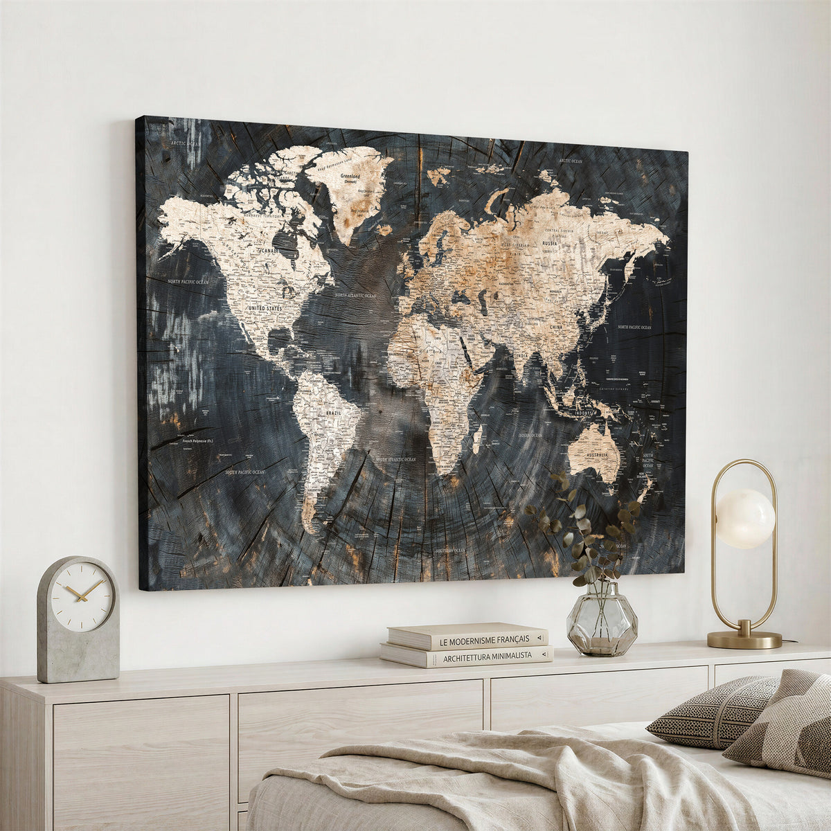89162112-MGV-CV-36X24 - World Map Wall Art Canvas Print, Modern Decorative Framed Map Artwork Prints for Living Room, Office, Bedroom Wall Decor