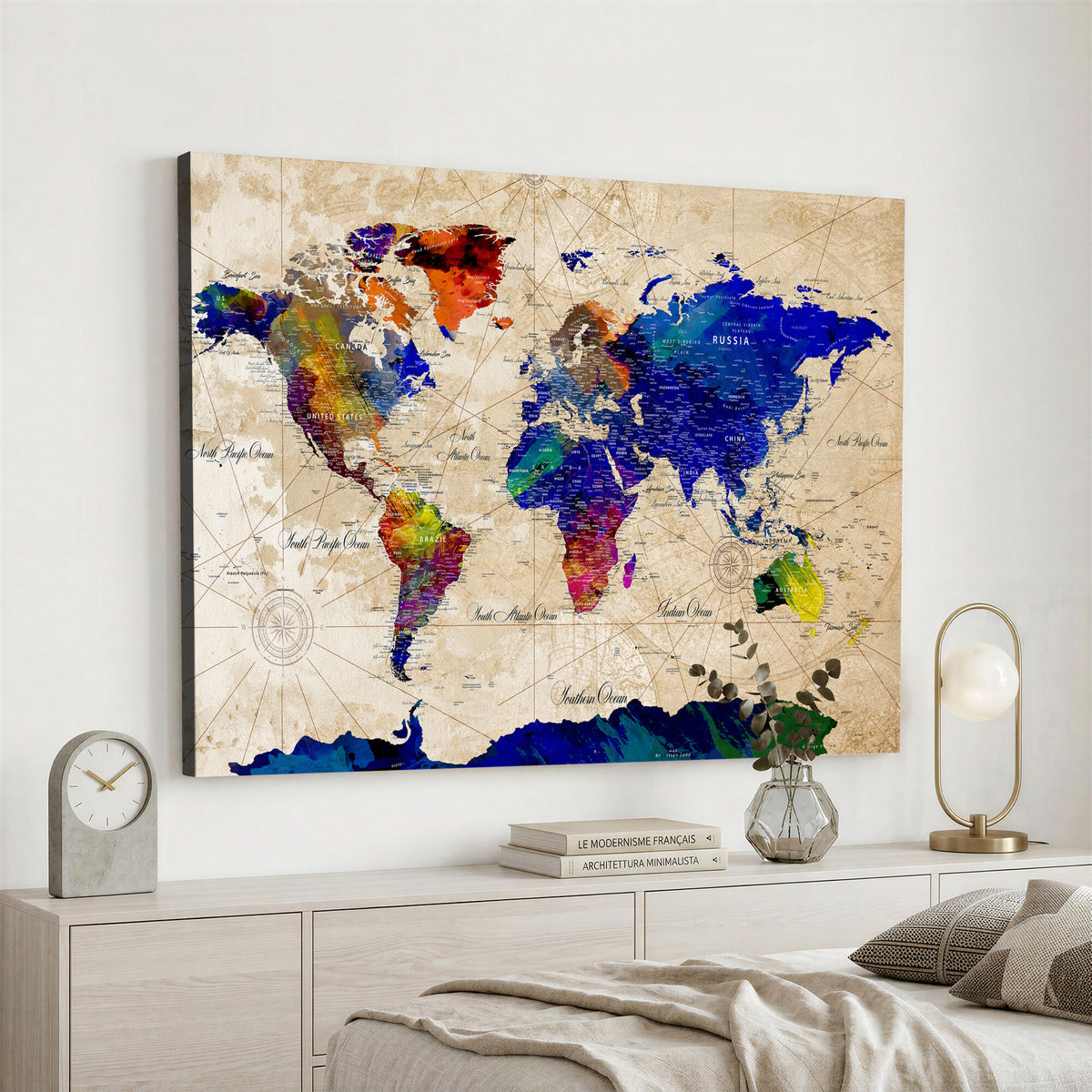 26284075-MGV-CV-36X24 - World Map Wall Art Canvas Print, Modern Decorative Framed Map Artwork Prints for Living Room, Office, Bedroom Wall Decor