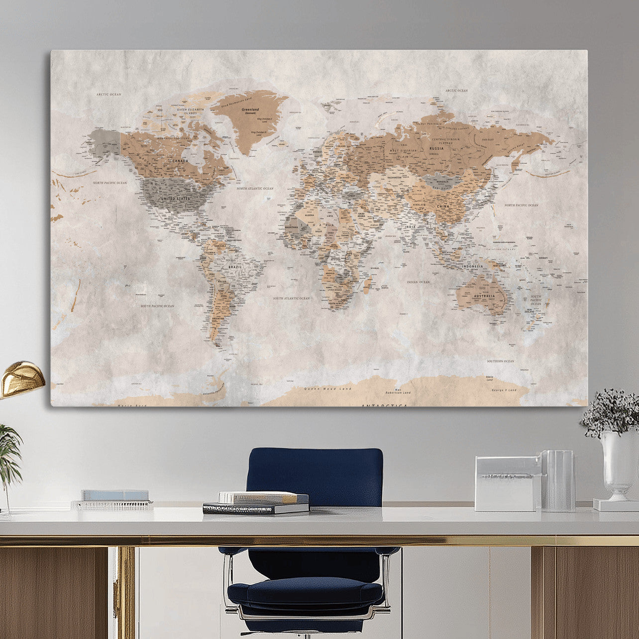 34051638-MGV-CV-36X24 - World Map Wall Art Canvas Print, Modern Decorative Framed Map Artwork Prints for Living Room, Office, Bedroom Wall Decor