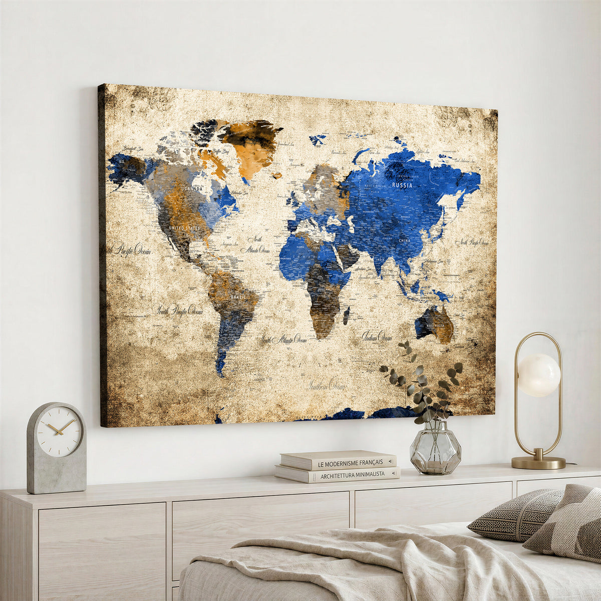 27314341-MGV-CV-36X24 - World Map Wall Art Canvas Print, Modern Decorative Framed Map Artwork Prints for Living Room, Office, Bedroom Wall Decor