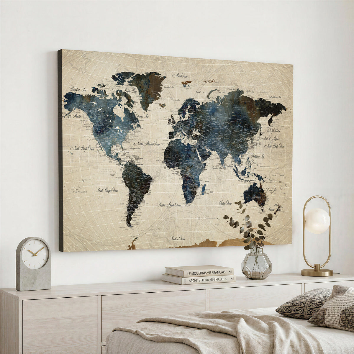 72927803-MGV-CV-36X24 - World Map Wall Art Canvas Print, Modern Decorative Framed Map Artwork Prints for Living Room, Office, Bedroom Wall Decor