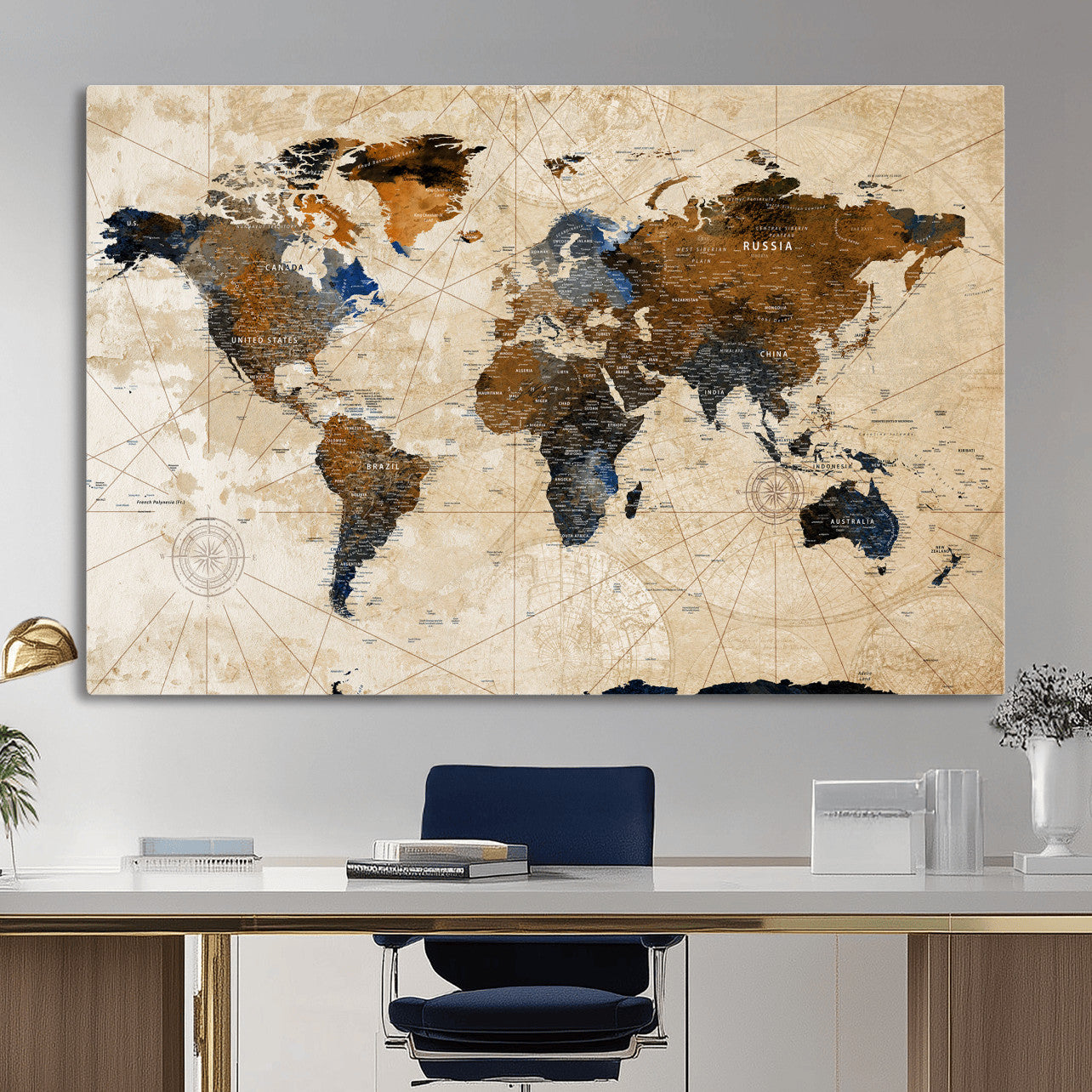 15727090-MGV-CV-36X24 - World Map Wall Art Canvas Print, Modern Decorative Framed Map Artwork Prints for Living Room, Office, Bedroom Wall Decor
