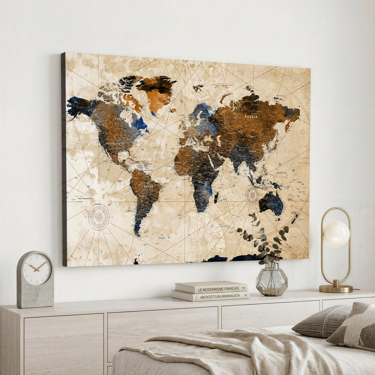 15727090-MGV-CV-36X24 - World Map Wall Art Canvas Print, Modern Decorative Framed Map Artwork Prints for Living Room, Office, Bedroom Wall Decor