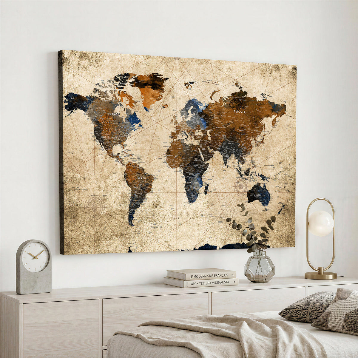27163414-MGV-CV-36X24 - World Map Wall Art – Rustic Earth Tone Canvas Print, Antique