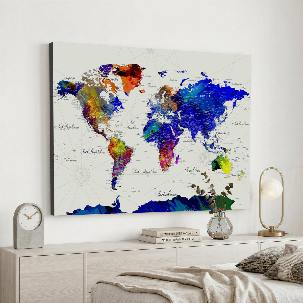 49670038-MGV-CV-36X24 - World Map Wall Art Canvas Print, Modern Decorative Framed Map Artwork Prints for Living Room, Office, Bedroom Wall Decor