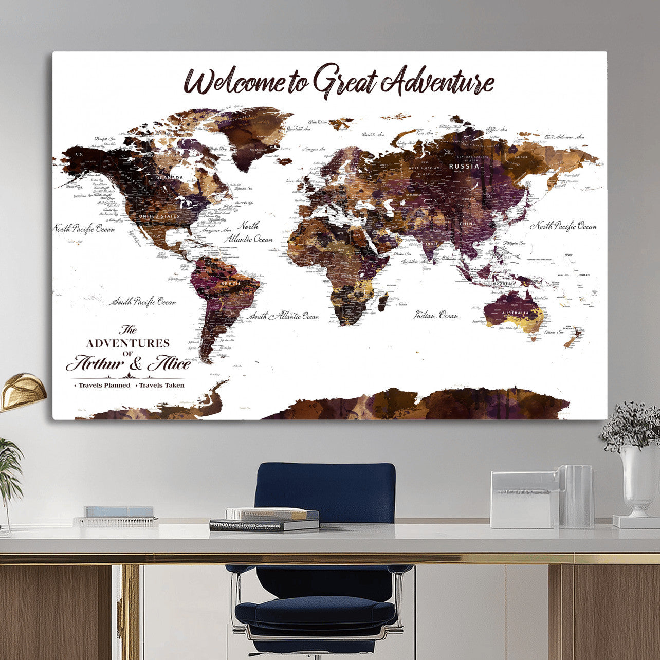 64110391125-MGV-CV-36X24 - Custom Push Pin World Map Wall Art Canvas Print – Personalized Travel Tracker with Pins Framed Large for Home and Office Decor