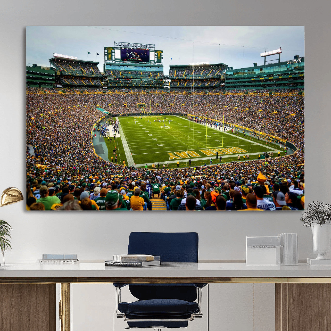 56521752-MGV-CV-36X24 - Green Bay Packers Stadium Wall Art Canvas Print, Lambeau Field Football Stadium Artwork, Framed Wall Art Ready to Hang