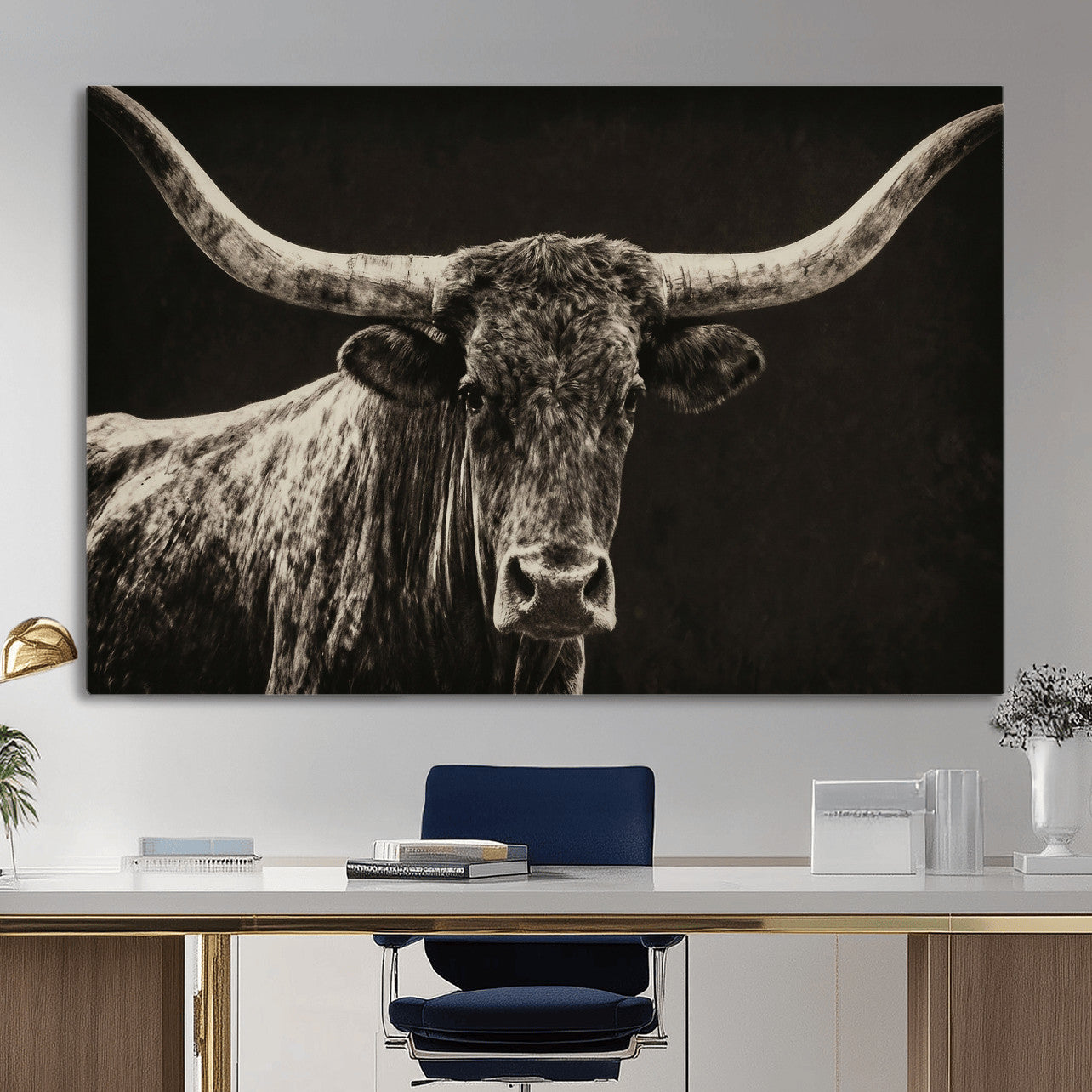 74513721-MGV-CV-36X24 - Vintage Texas Longhorn Bull Wall Art Canvas Print, Cow Portrait Photography Print, Framed Wall Art Ready to Hang