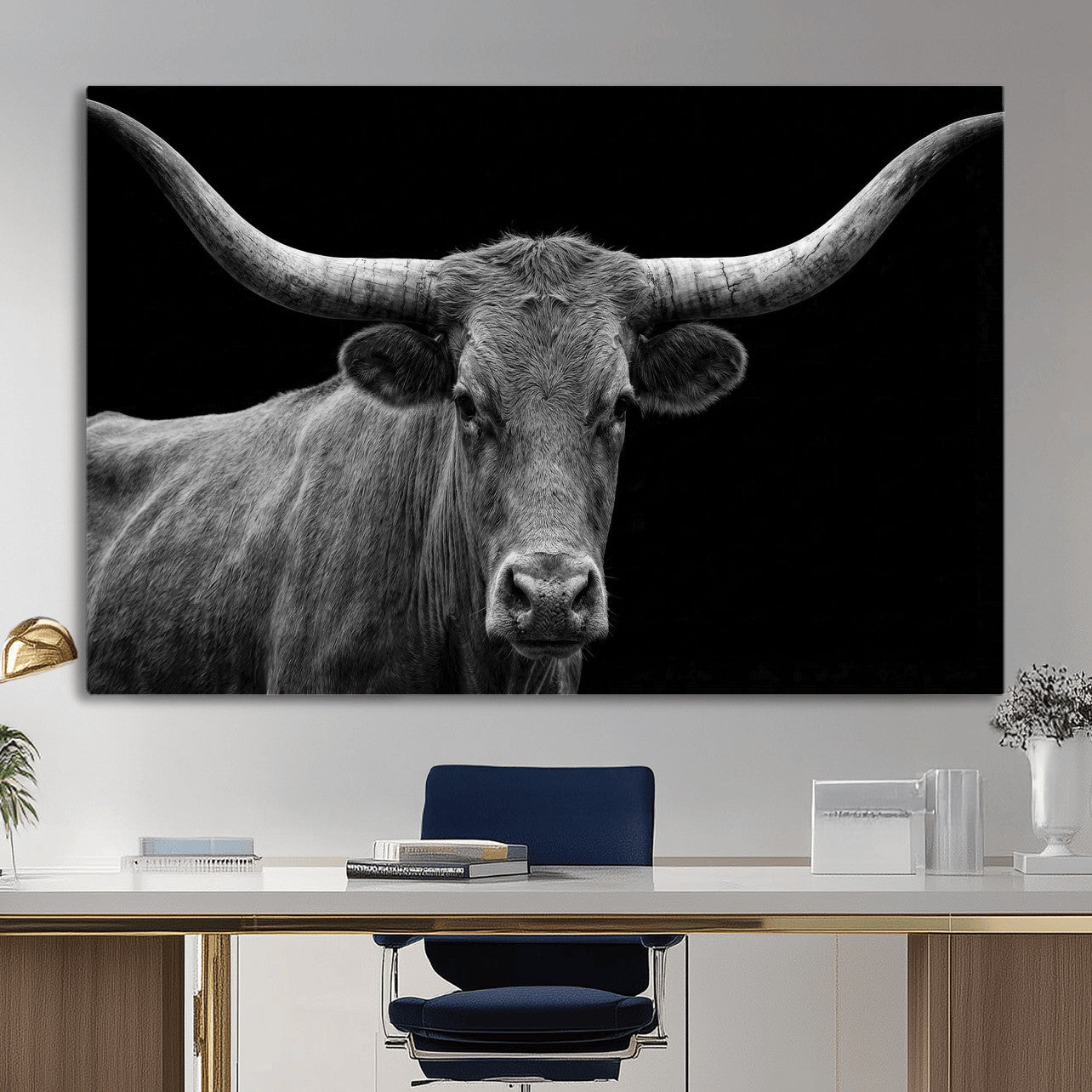 32601430-MGV-CV-36X24 - Texas Longhorn Bull Wall Art Canvas Print, Cow Portrait Photography, Framed Wall Art Ready to Hang