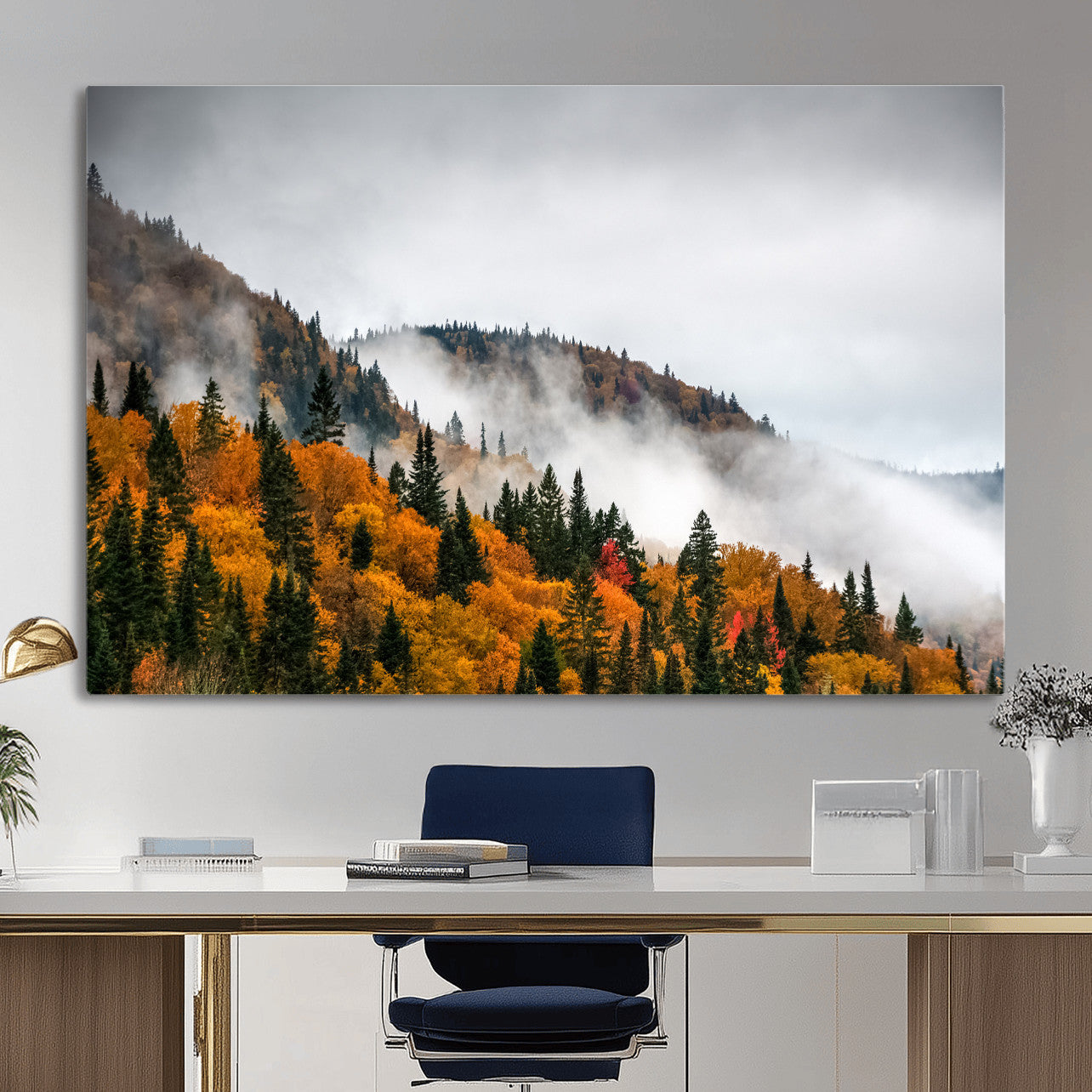93581632-MGV-CV-36X24 - Autumn Forest Wall Art Canvas Print, Foggy Mountain Landscape Nature Photography, Framed Wall Art Ready to Hang