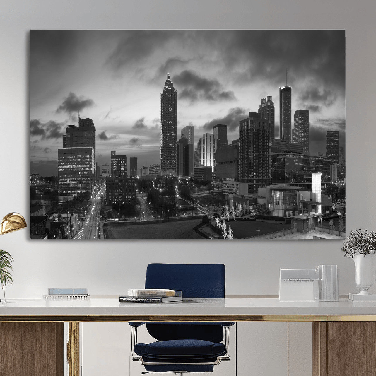 91959506-MGV-CV-36X24 - Atlanta Skyline Wall Art Canvas Print, Atlanta Downtown Night Cityscape Print for Modern Urban Wall Decor