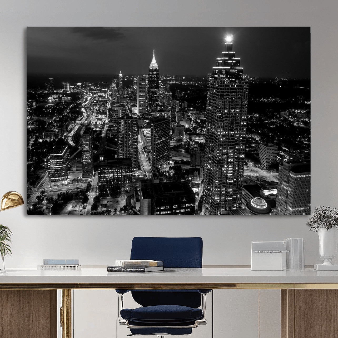 56773510-MGV-CV-36X24 - Atlanta Skyline Wall Art Canvas Print, Atlanta Downtown Night Cityscape Print for Modern Urban Wall Decor