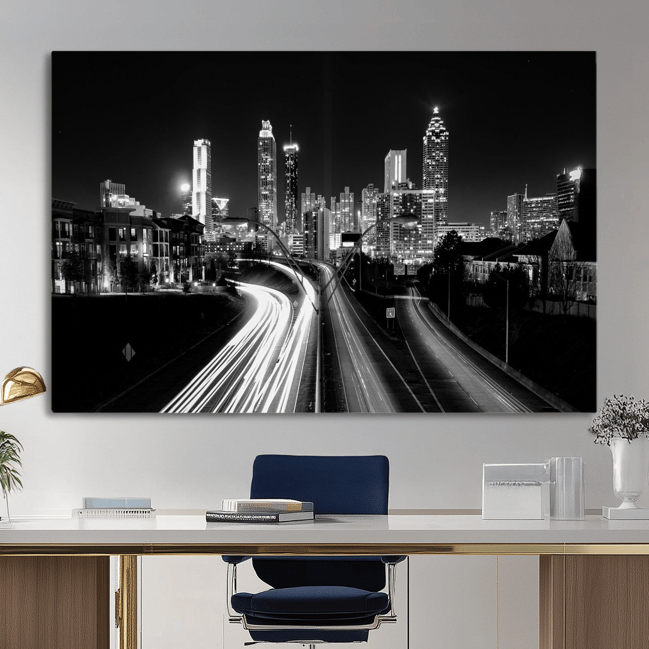 80330064-MGV-CV-36X24 - Atlanta Skyline Wall Art Canvas Print, Atlanta Downtown Night Cityscape Print for Modern Urban Wall Decor