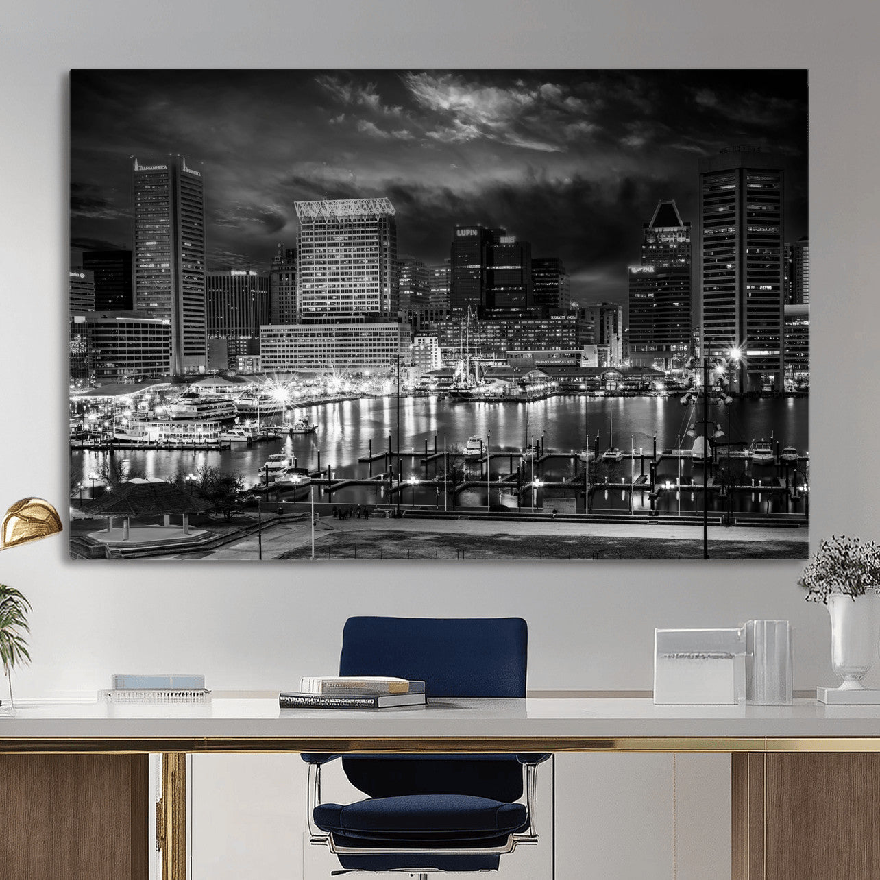 79755655-MGV-CV-36X24 - Baltimore Skyline Wall Art Canvas Print, Baltimore Downtown Night Cityscape Print for Modern Urban Wall Decor