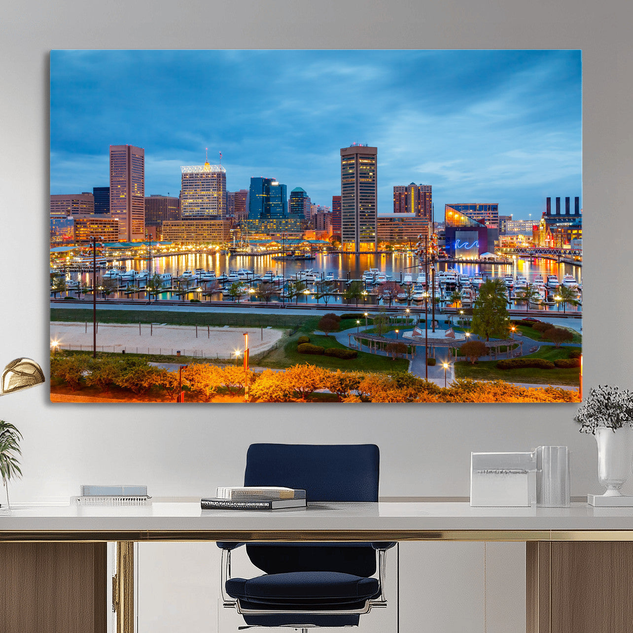 78635089-MGV-CV-36X24 - Baltimore Skyline Wall Art Canvas Print, Baltimore Downtown Night Cityscape Print for Modern Urban Wall Decor