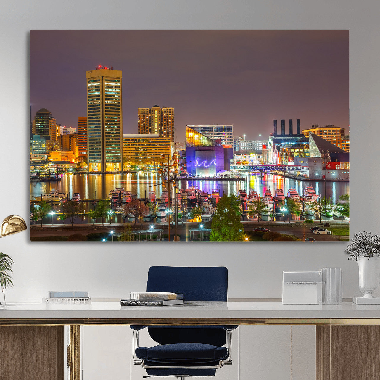 42654823-MGV-CV-36X24 - Baltimore Skyline Wall Art Canvas Print, Baltimore Downtown Night Cityscape Print for Modern Urban Wall Decor