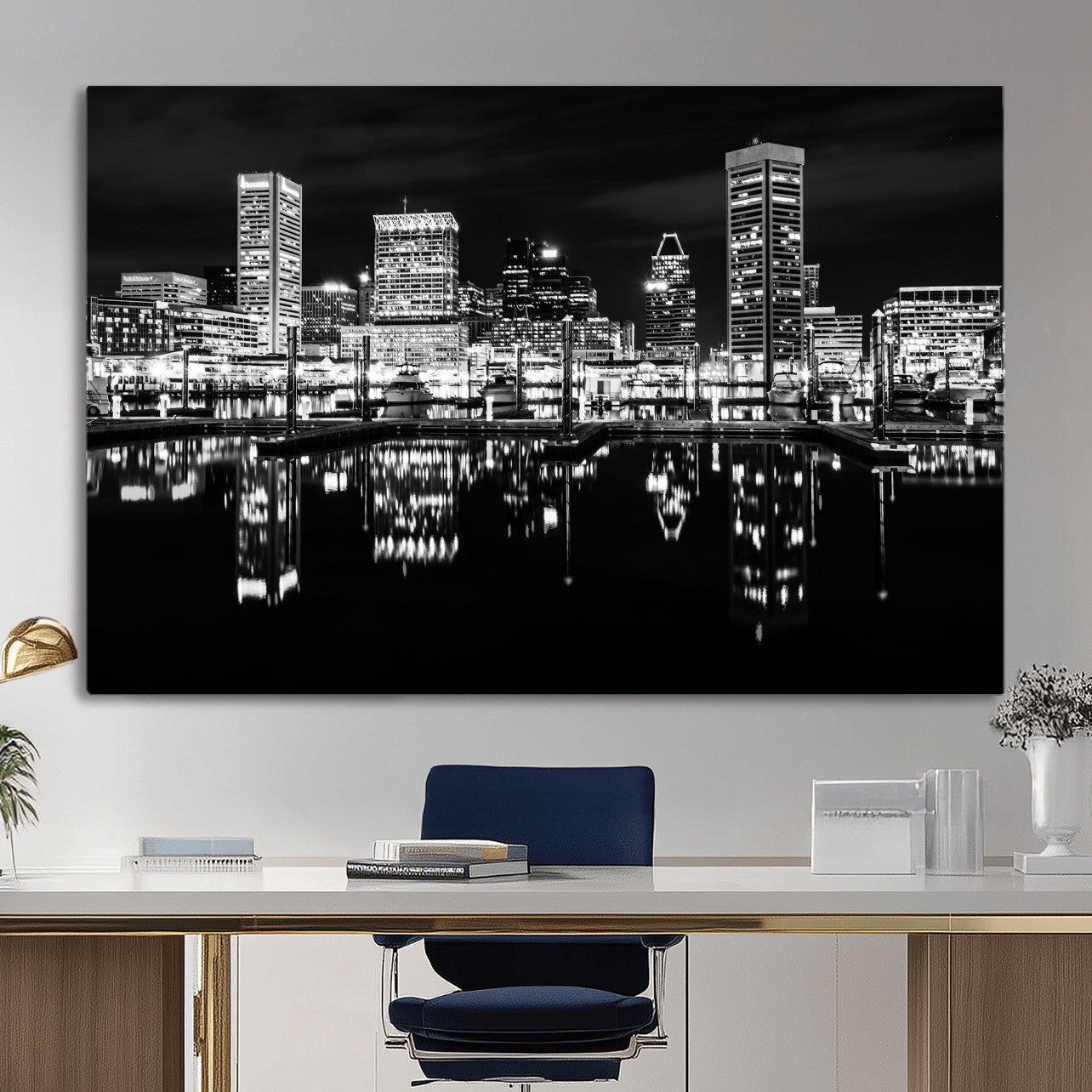 69187681-MGV-CV-36X24 - Baltimore Skyline Wall Art Canvas Print, Baltimore Downtown Night Cityscape Print for Modern Urban Wall Decor