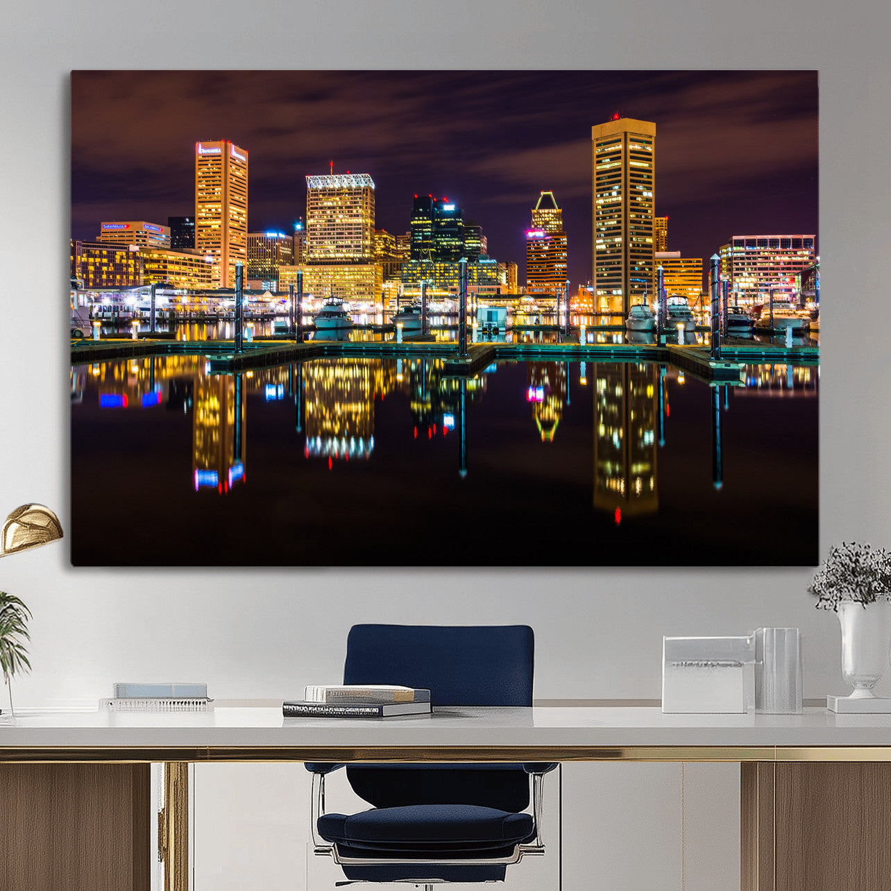 38201692-MGV-CV-36X24 - Baltimore Skyline Wall Art Canvas Print, Baltimore Downtown Night Cityscape Print for Modern Urban Wall Decor