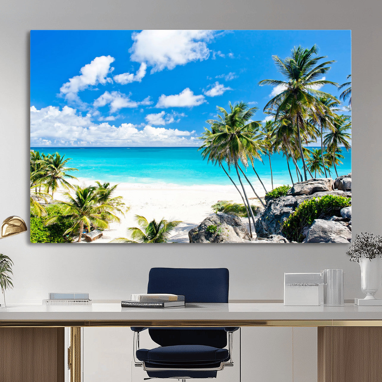 29232878-MGV-CV-36X24 - Barbados Beach Wall Art Canvas Print, Palm Tree Ocean Landscape, Turquoise Sea Coastal Photography, Tropical Island Wall Decor, Framed Ready to Hang