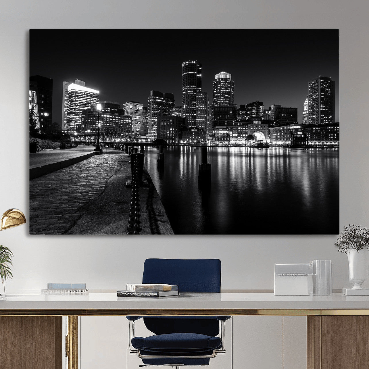 53082656-MGV-CV-36X24 - Boston Wall Art Canvas Print, Boston City Downtown Night Cityscape Print for Modern Urban Wall Decor