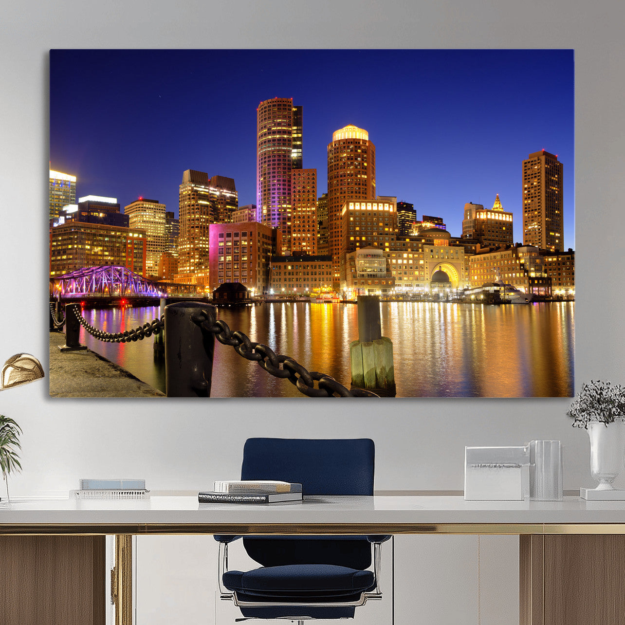 56611117-MGV-CV-36X24 - Boston Wall Art Canvas Print, Boston City Downtown Night Cityscape Print for Modern Urban Wall Decor